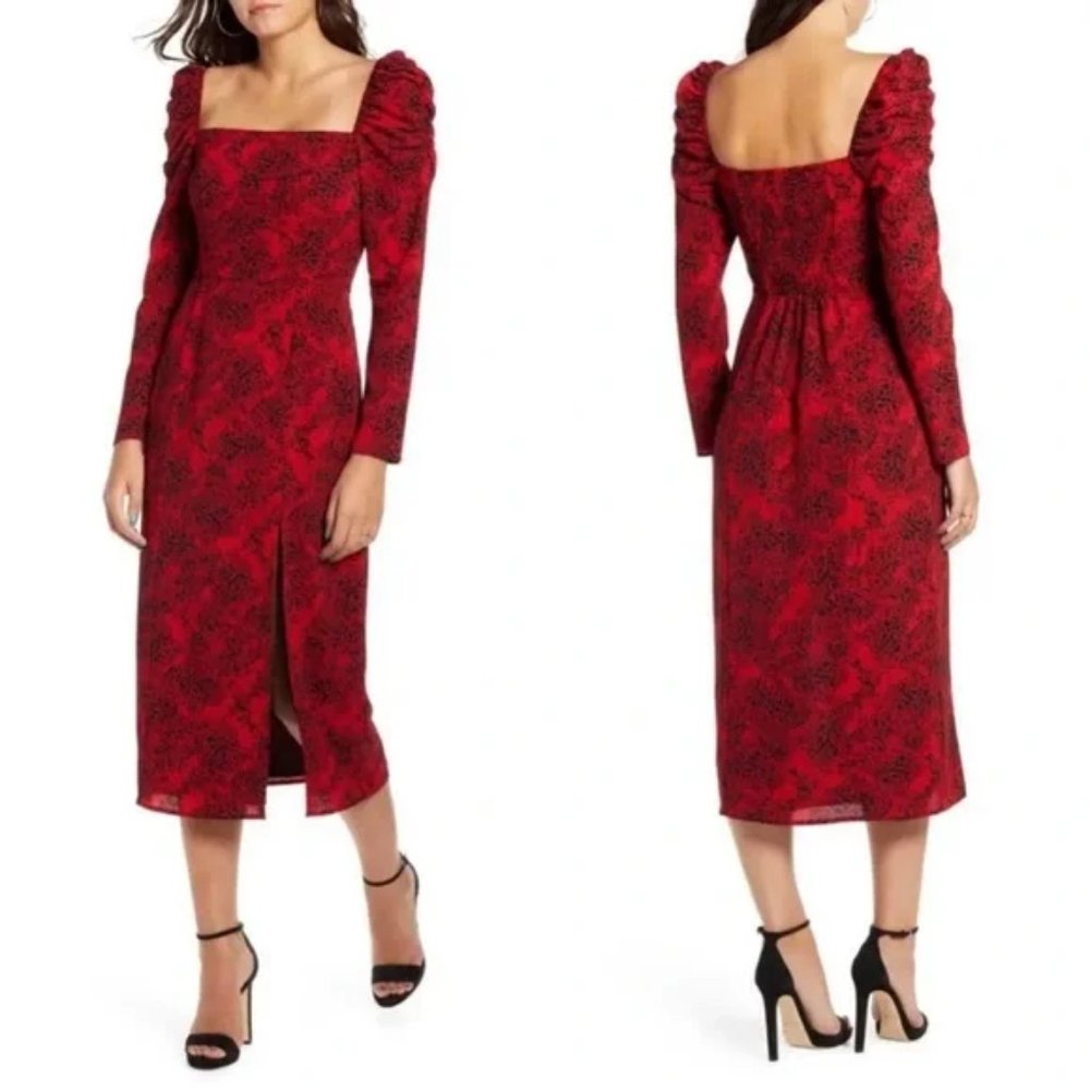 Leith Spattered Squared Neck Smocked Puff Shoulder Red and Black Floral Dress